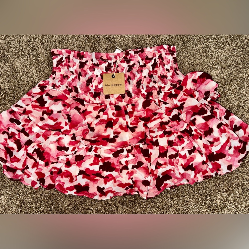 Blu Pepper Pink and Red Patterned Mini Ruffle Skirt